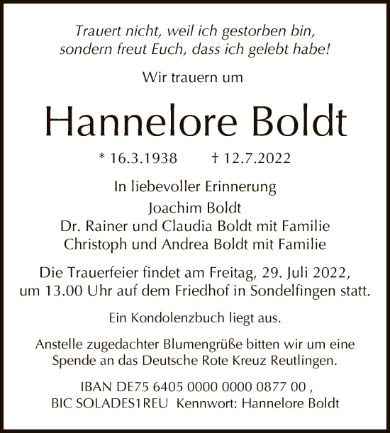 Anzeige von Hannelore Boldt von Reutlinger General-Anzeiger