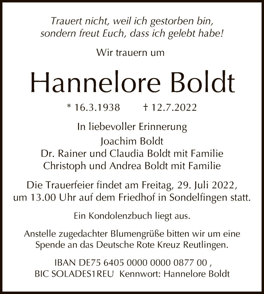  Traueranzeige für Hannelore Boldt vom 16.07.2022 aus Reutlinger General-Anzeiger