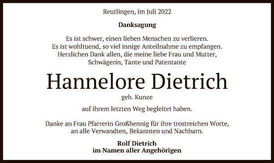 Anzeige von Hannelore Dietrich von Reutlinger General-Anzeiger