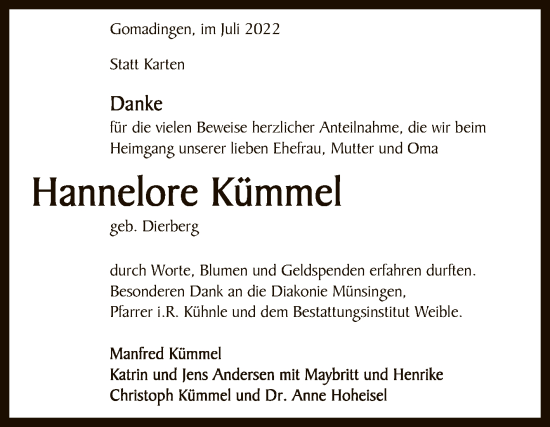 Anzeige von Hannelore Kümmel von Reutlinger General-Anzeiger