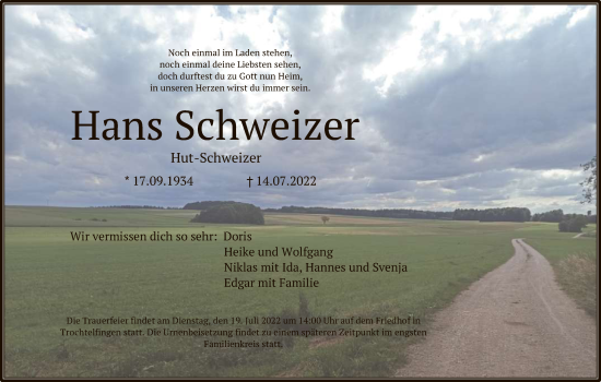 Anzeige von Hans Schweizer von Reutlinger General-Anzeiger