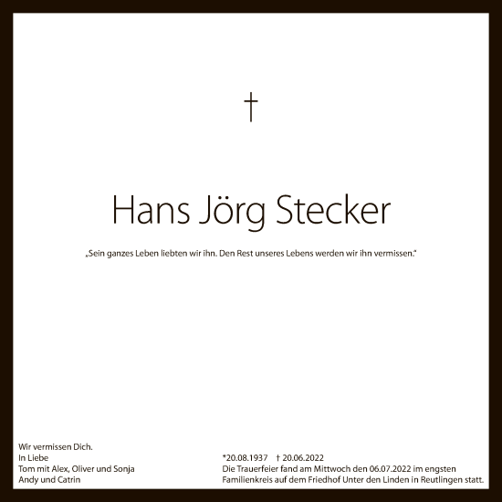 Anzeige von Hans Jörg Stecker von Reutlinger General-Anzeiger