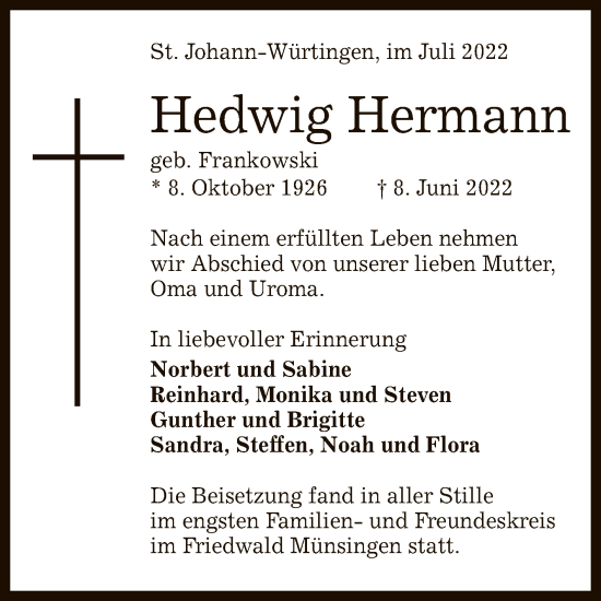 Anzeige von Hedwig Hermann von Reutlinger General-Anzeiger