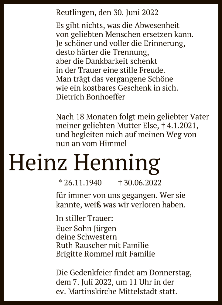 Traueranzeige für Heinz Henning vom 02.07.2022 aus Reutlinger General-Anzeiger