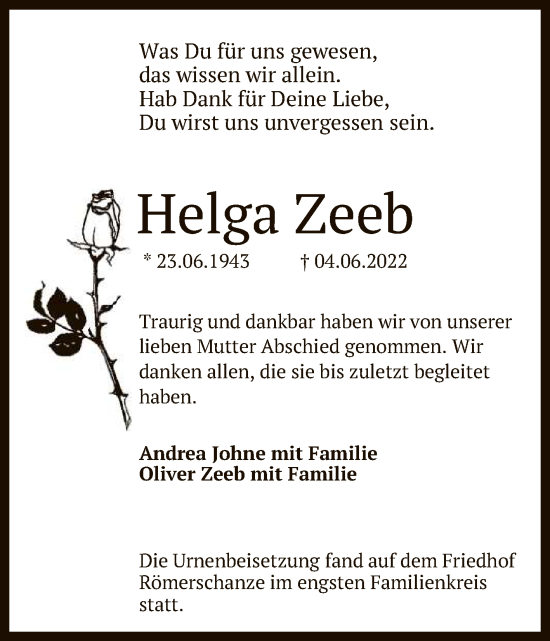 Anzeige von Helga Zeeb von Reutlinger General-Anzeiger