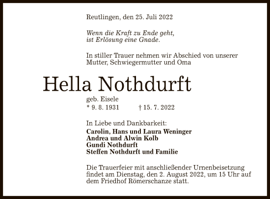 Anzeige von Hella Nothdurft von Reutlinger General-Anzeiger