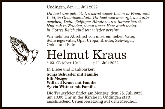 Anzeige von Helmut Kraus von Reutlinger General-Anzeiger