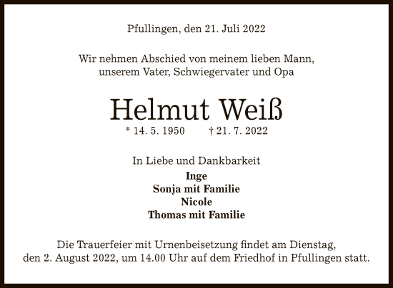 Anzeige von Helmut Weiß von Reutlinger General-Anzeiger