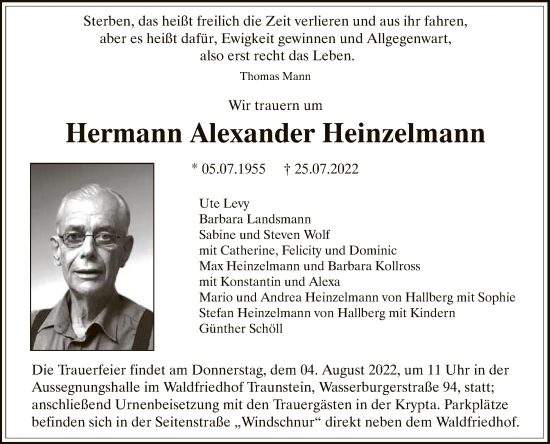 Anzeige von Hermann Alexander Heinzelmann von Reutlinger General-Anzeiger