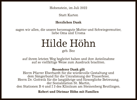 Anzeige von Hilde Höhn von Reutlinger General-Anzeiger