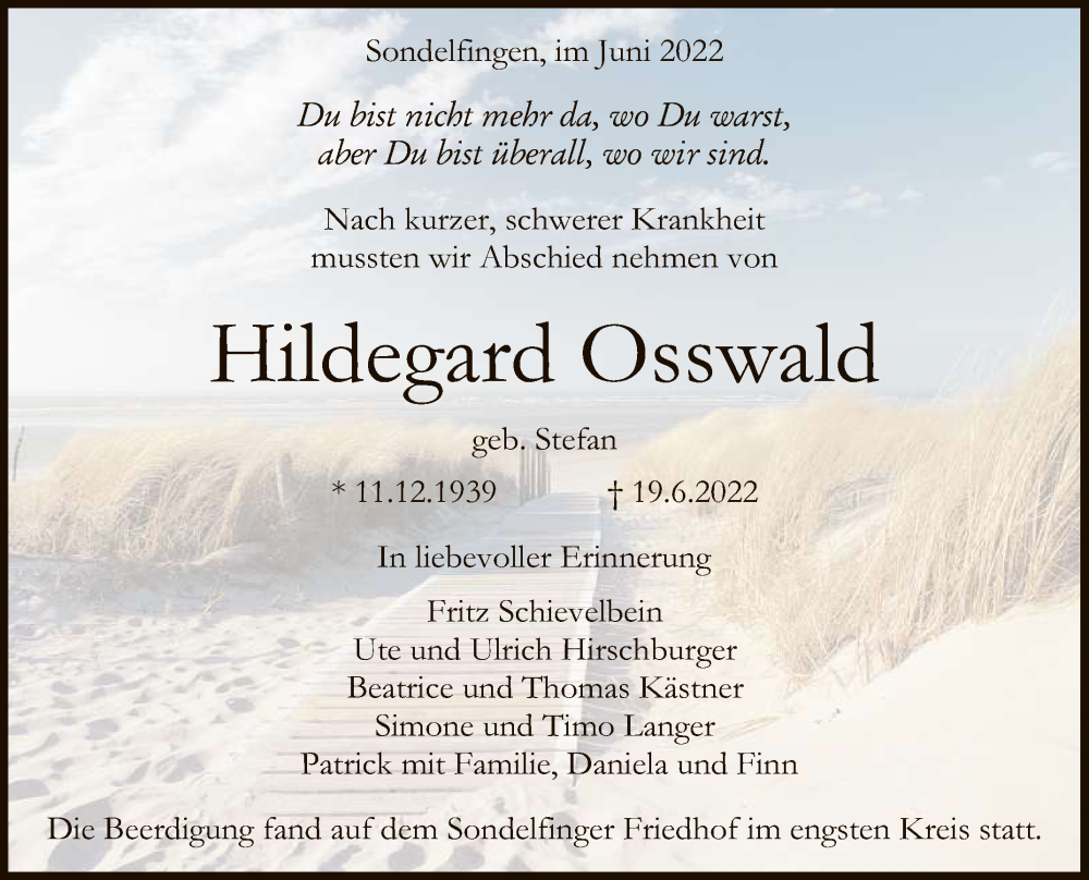  Traueranzeige für Hildegard Osswald vom 02.07.2022 aus Reutlinger General-Anzeiger