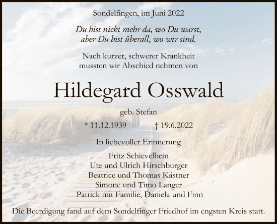 Anzeige von Hildegard Osswald von Reutlinger General-Anzeiger