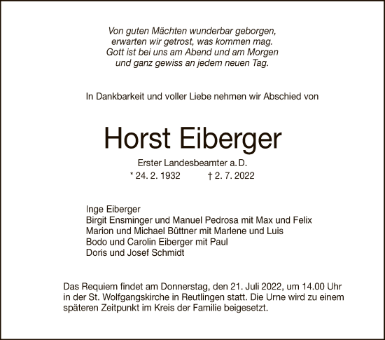 Anzeige von Horst Eiberger von Reutlinger General-Anzeiger