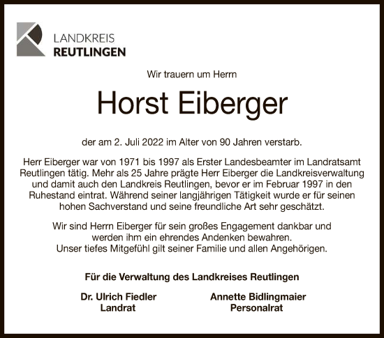 Anzeige von Horst Eiberger von Reutlinger General-Anzeiger