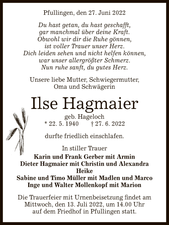 Anzeige von Ilse Hagmaier von Reutlinger General-Anzeiger