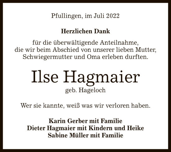 Anzeige von Ilse Hagmaier von Reutlinger General-Anzeiger