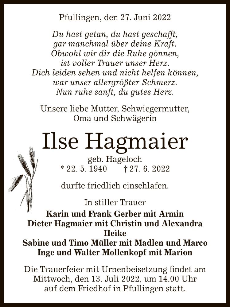  Traueranzeige für Ilse Hagmaier vom 02.07.2022 aus Reutlinger General-Anzeiger