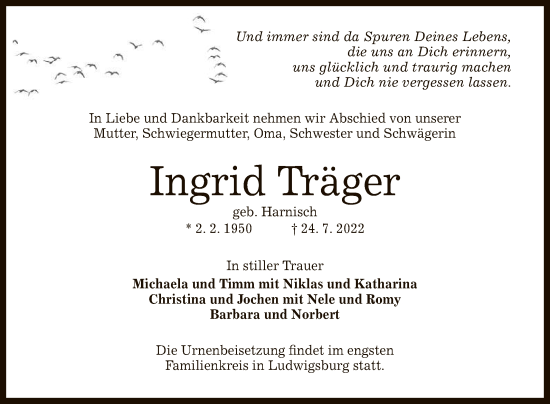 Anzeige von Ingrid Träger von Reutlinger General-Anzeiger