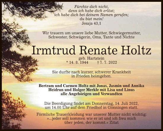 Anzeige von Irmtrud Renate Holtz von Reutlinger General-Anzeiger