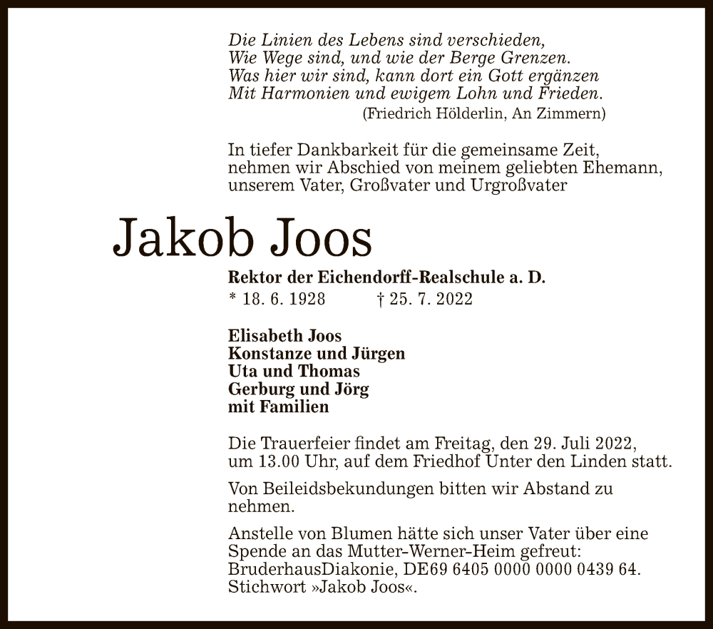  Traueranzeige für Jakob Joos vom 26.07.2022 aus Reutlinger General-Anzeiger