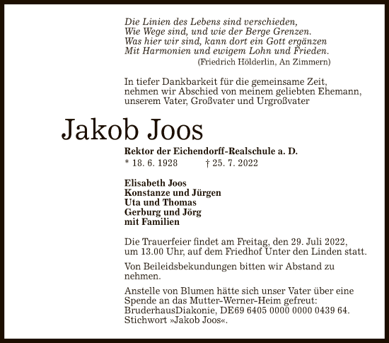 Anzeige von Jakob Joos von Reutlinger General-Anzeiger