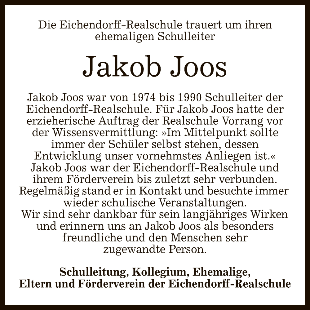  Traueranzeige für Jakob Joos vom 27.07.2022 aus Reutlinger General-Anzeiger