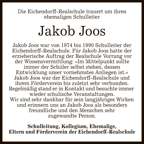 Anzeige von Jakob Joos von Reutlinger General-Anzeiger