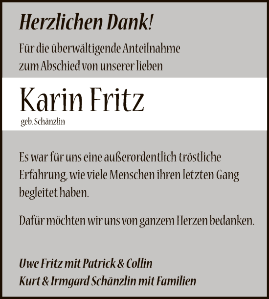 Anzeige von Karin Fritz von Reutlinger General-Anzeiger