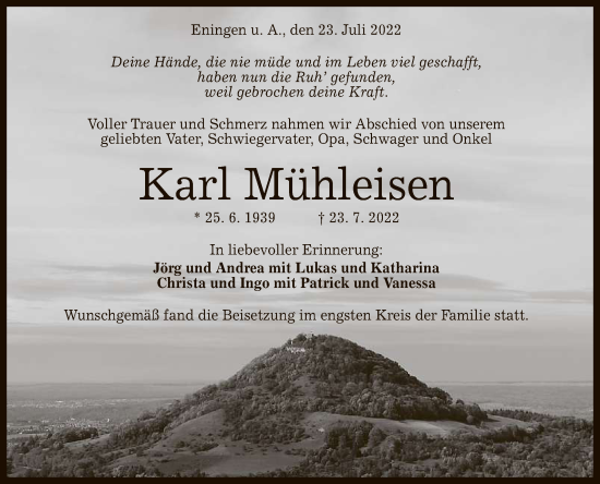 Anzeige von Karl Mühleisen von Reutlinger General-Anzeiger