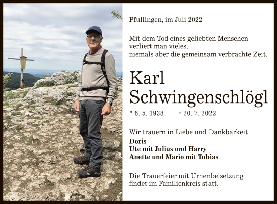 Anzeige von Karl Schwingenschlögl von Reutlinger General-Anzeiger