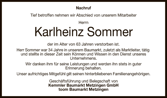 Anzeige von Karlheinz Sommer von Reutlinger General-Anzeiger