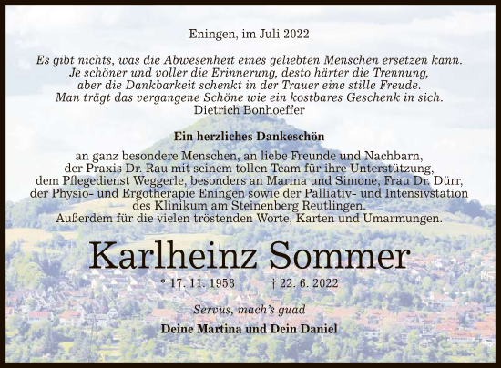 Anzeige von Karlheinz Sommer von Reutlinger General-Anzeiger