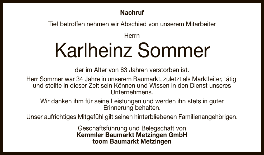  Traueranzeige für Karlheinz Sommer vom 16.07.2022 aus Reutlinger General-Anzeiger