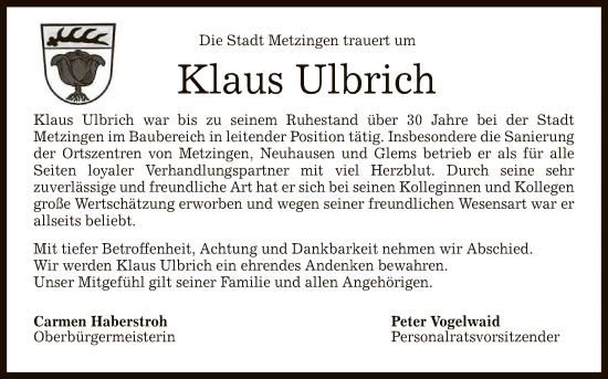 Anzeige von Klaus Ulbrich von Reutlinger General-Anzeiger