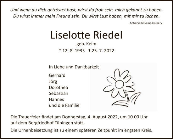 Anzeige von Liselotte Riedel von Reutlinger General-Anzeiger
