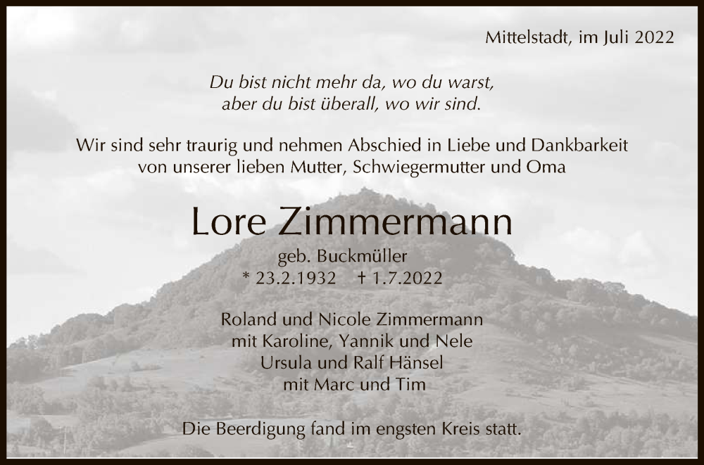  Traueranzeige für Lore Zimmermann vom 09.07.2022 aus Reutlinger General-Anzeiger