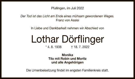 Anzeige von Lothar Dörflinger von Reutlinger General-Anzeiger