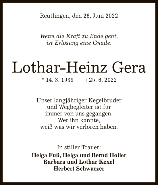 Anzeige von Lothar-Heinz Gera von Reutlinger General-Anzeiger