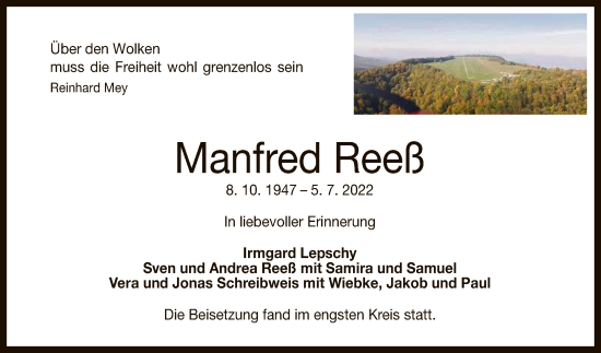 Anzeige von Manfred Reeß von Reutlinger General-Anzeiger