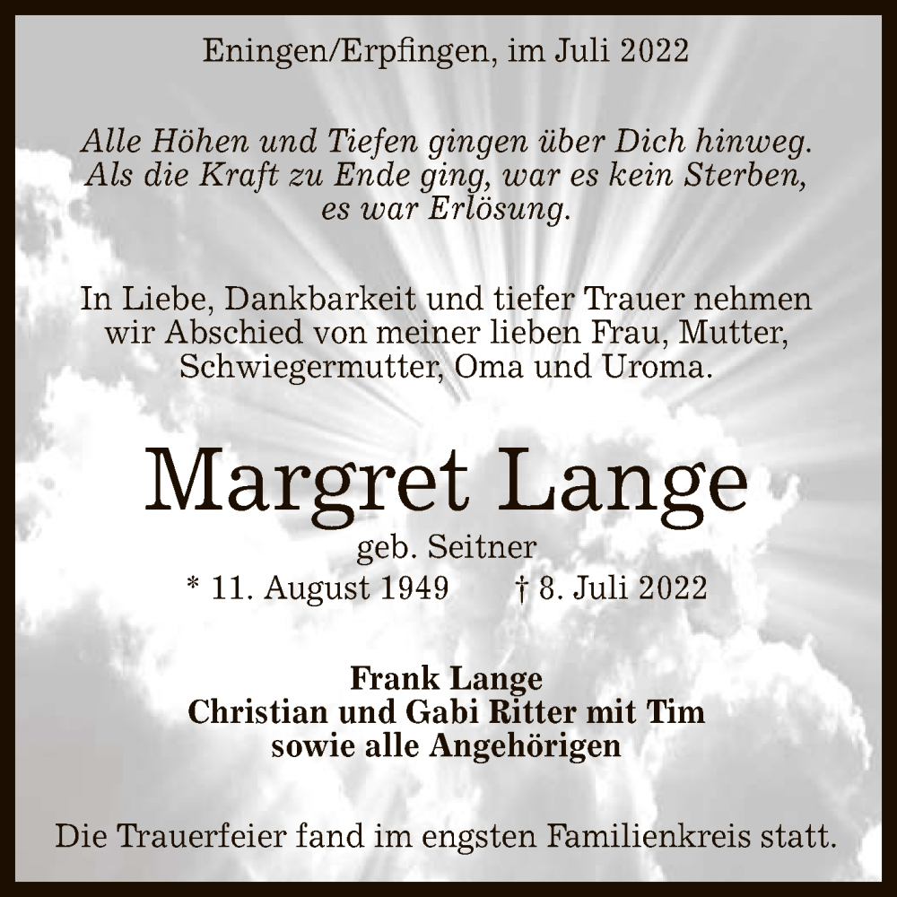  Traueranzeige für Margret Lange vom 14.07.2022 aus Reutlinger General-Anzeiger