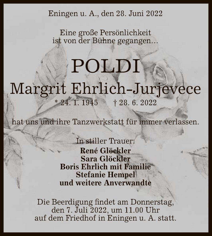  Traueranzeige für Margrit Ehrlich-Jurjevece vom 02.07.2022 aus Reutlinger General-Anzeiger