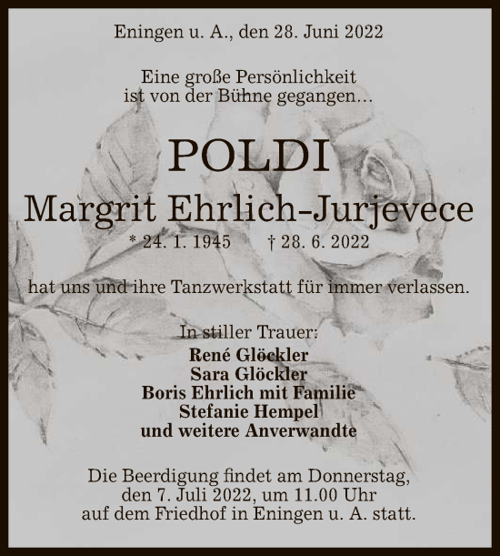 Anzeige von Margrit Ehrlich-Jurjevece von Reutlinger General-Anzeiger