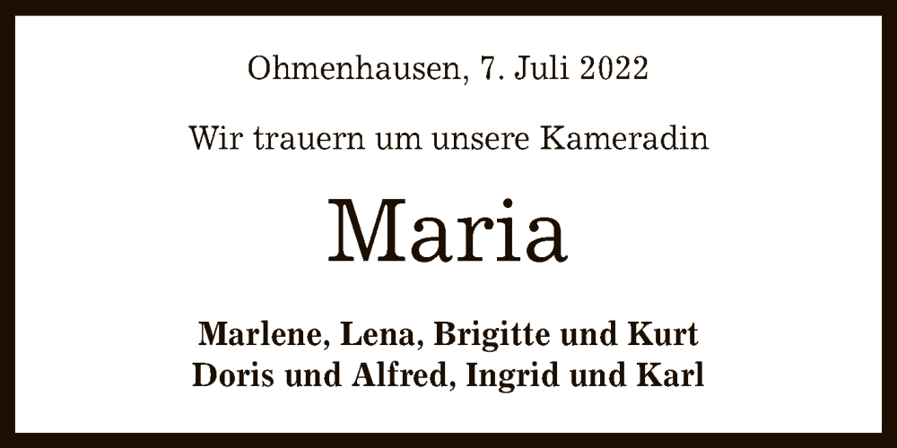  Traueranzeige für Maria  vom 07.07.2022 aus Reutlinger General-Anzeiger