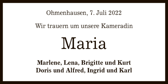 Anzeige von Maria  von Reutlinger General-Anzeiger