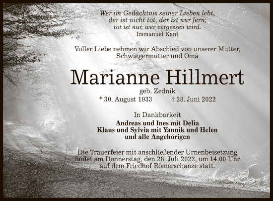 Anzeige von Marianne Hillmert von Reutlinger General-Anzeiger