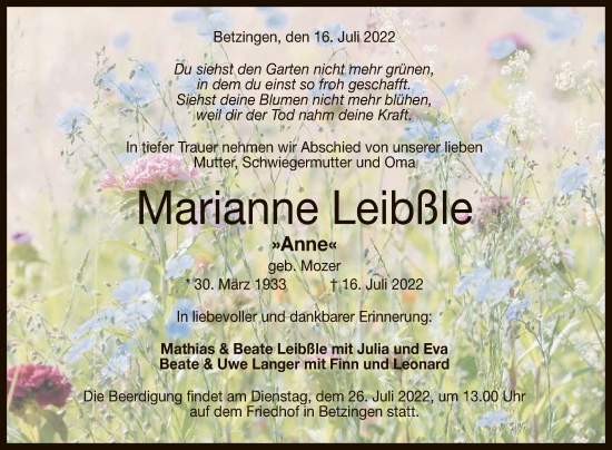 Anzeige von Marianne Leibßle von Reutlinger General-Anzeiger
