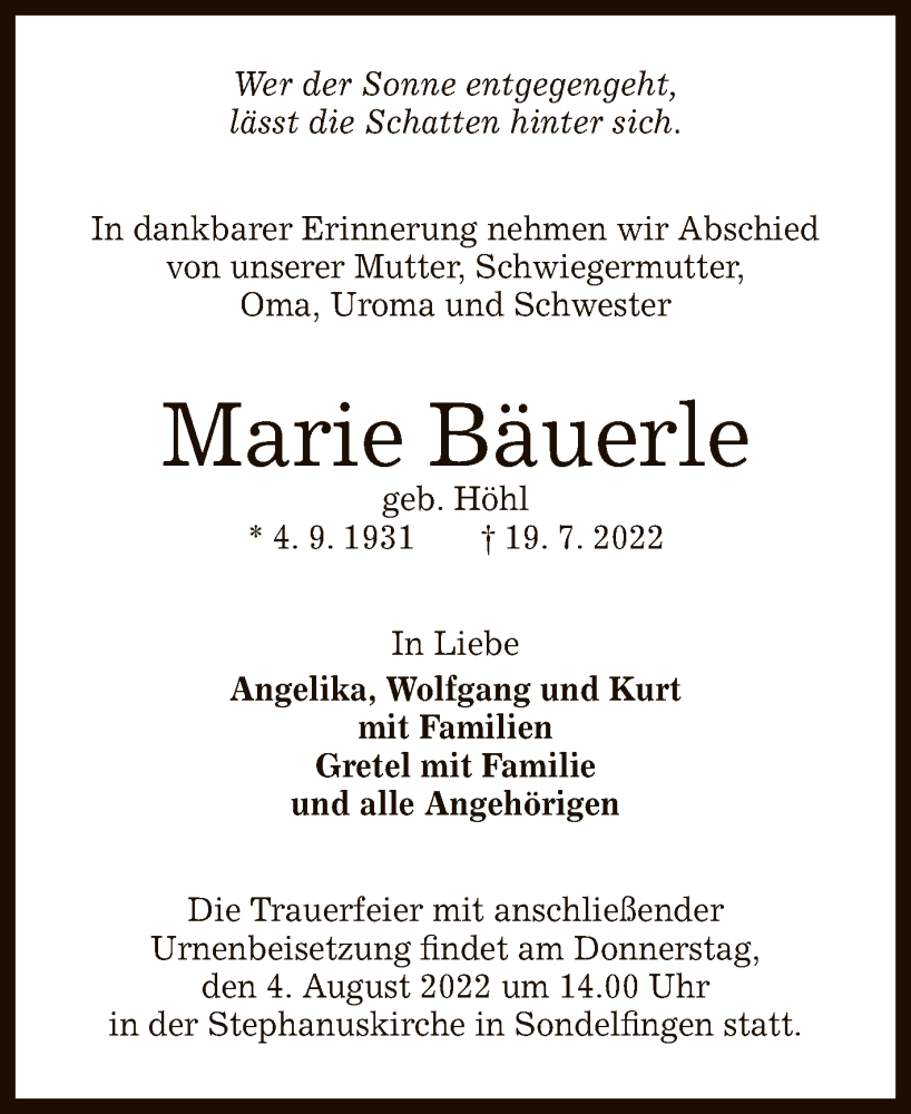  Traueranzeige für Marie Bäuerle vom 30.07.2022 aus Reutlinger General-Anzeiger