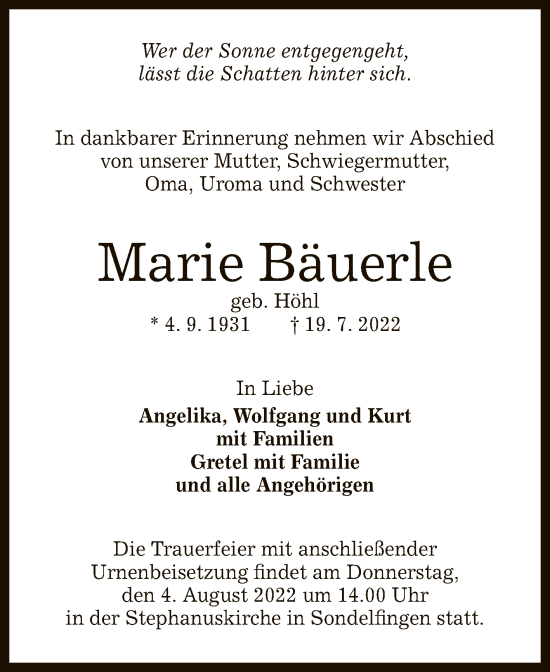 Anzeige von Marie Bäuerle von Reutlinger General-Anzeiger