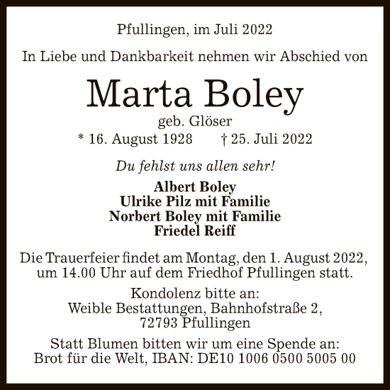Anzeige von Marta Boley von Reutlinger General-Anzeiger