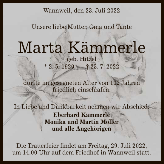 Anzeige von Marta Kämmerle von Reutlinger General-Anzeiger